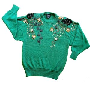 Vintage 80s 3D Floral Beaded Sweater
